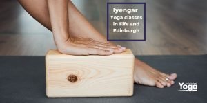 The benefits of Iyengar Yoga are available to all through the use of props, like the wooden brick being used here.